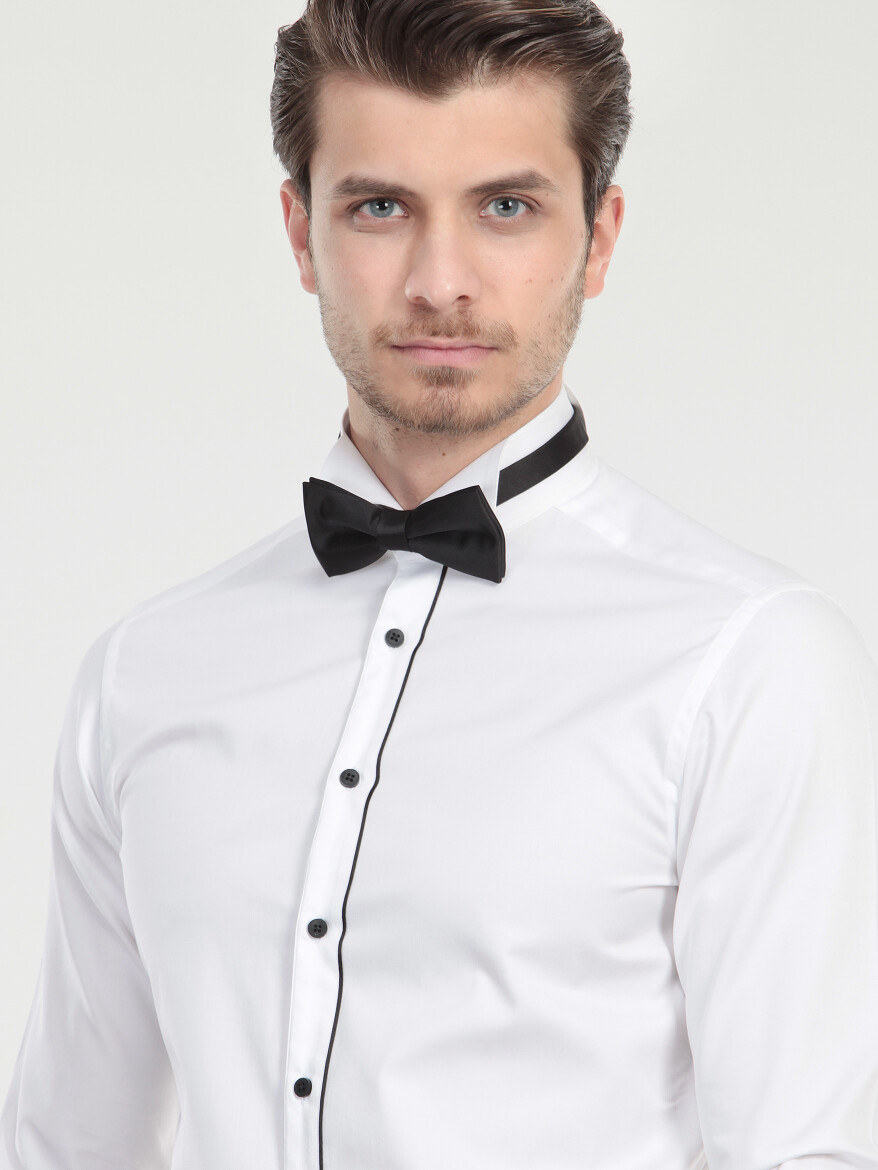White Plain Slim Fit Double Cuff Wing Collar Tuxedo Shirts - 4