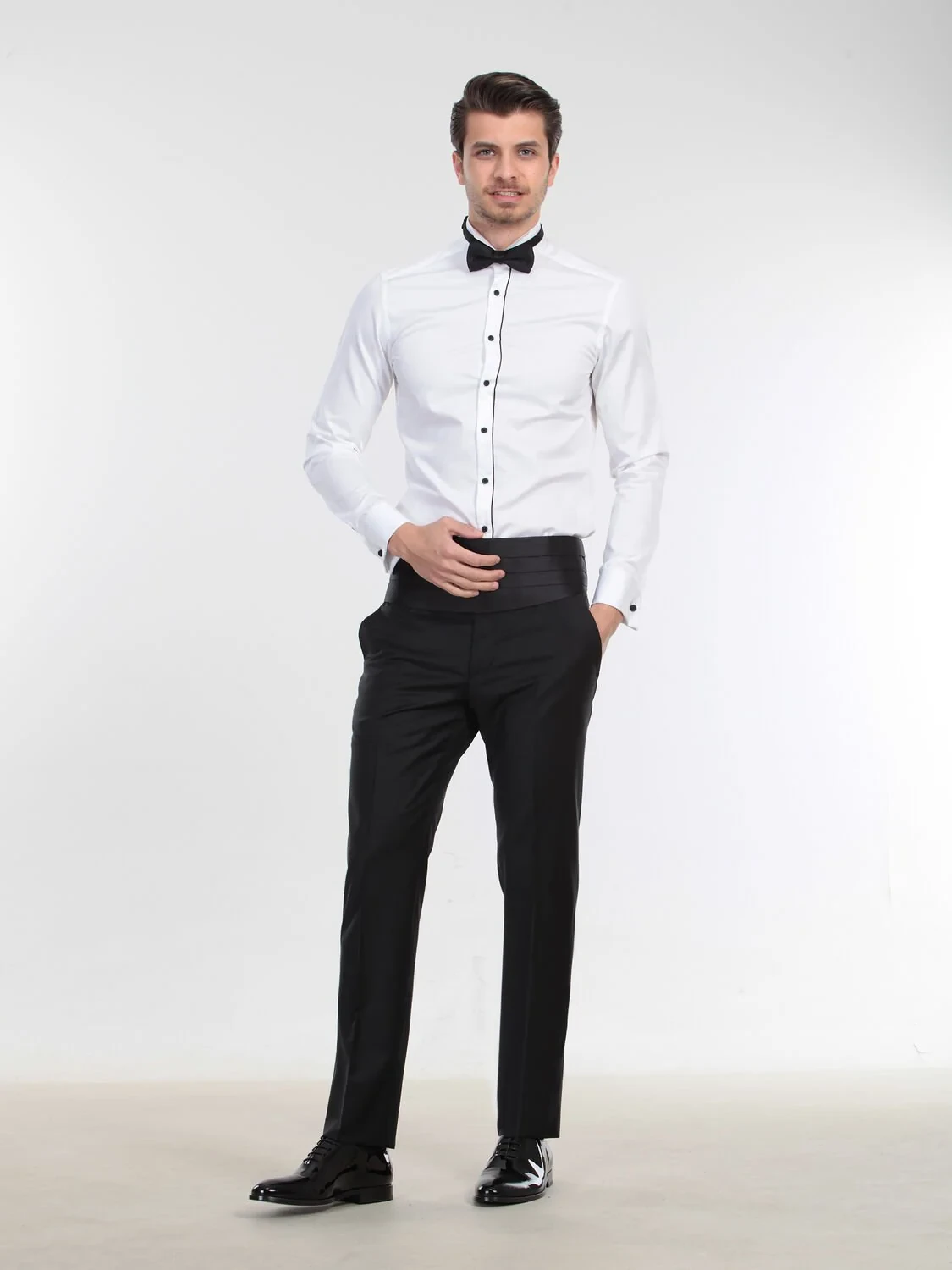 White Plain Slim Fit Double Cuff Wing Collar Tuxedo Shirts - 2