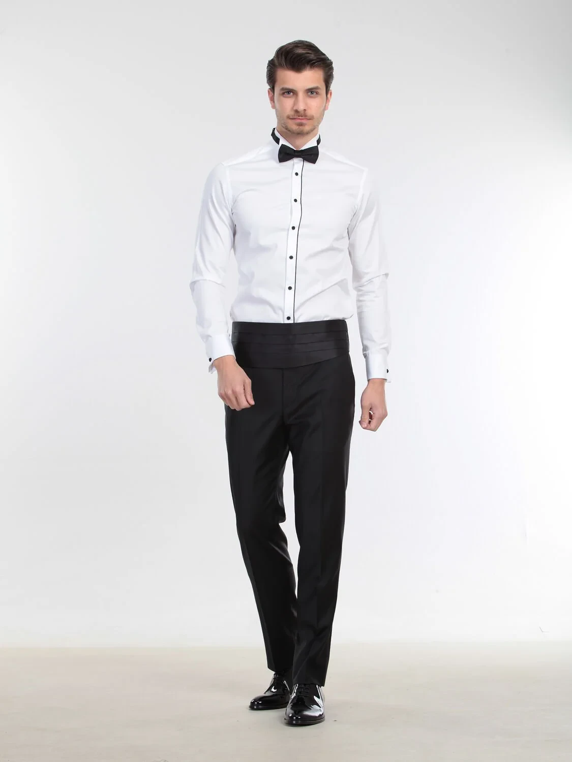 White Plain Slim Fit Double Cuff Wing Collar Tuxedo Shirts - 3