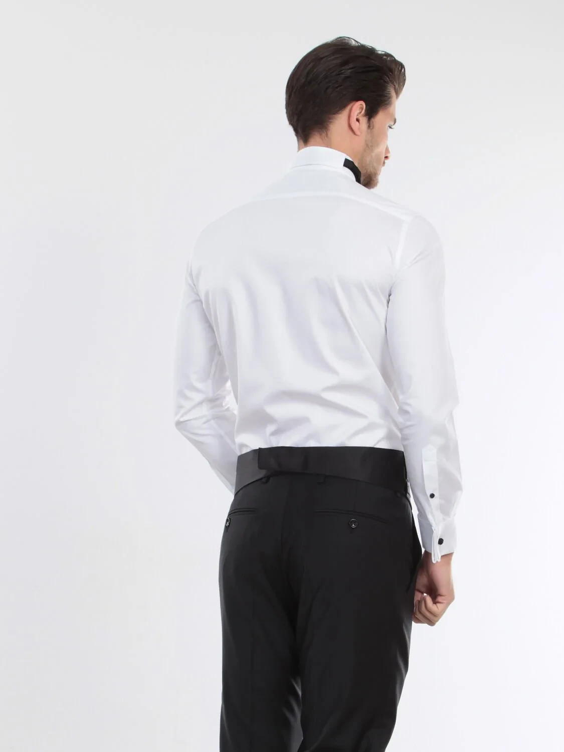 White Plain Slim Fit Double Cuff Wing Collar Tuxedo Shirts - 5
