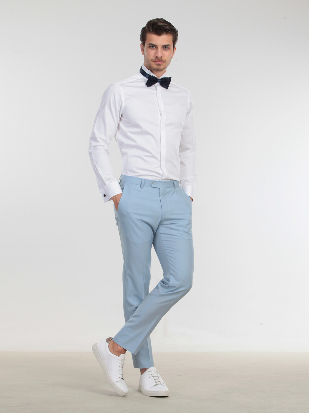 White Plain Slim Fit Double Cuff Wing Collar Tuxedo Shirts - 2