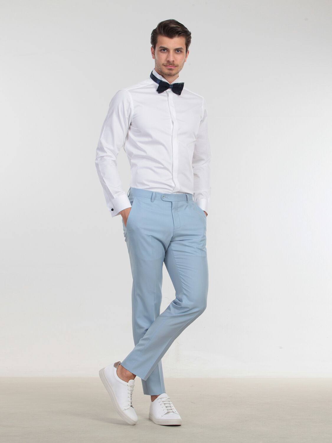 White Plain Slim Fit Double Cuff Wing Collar Tuxedo Shirts - 2