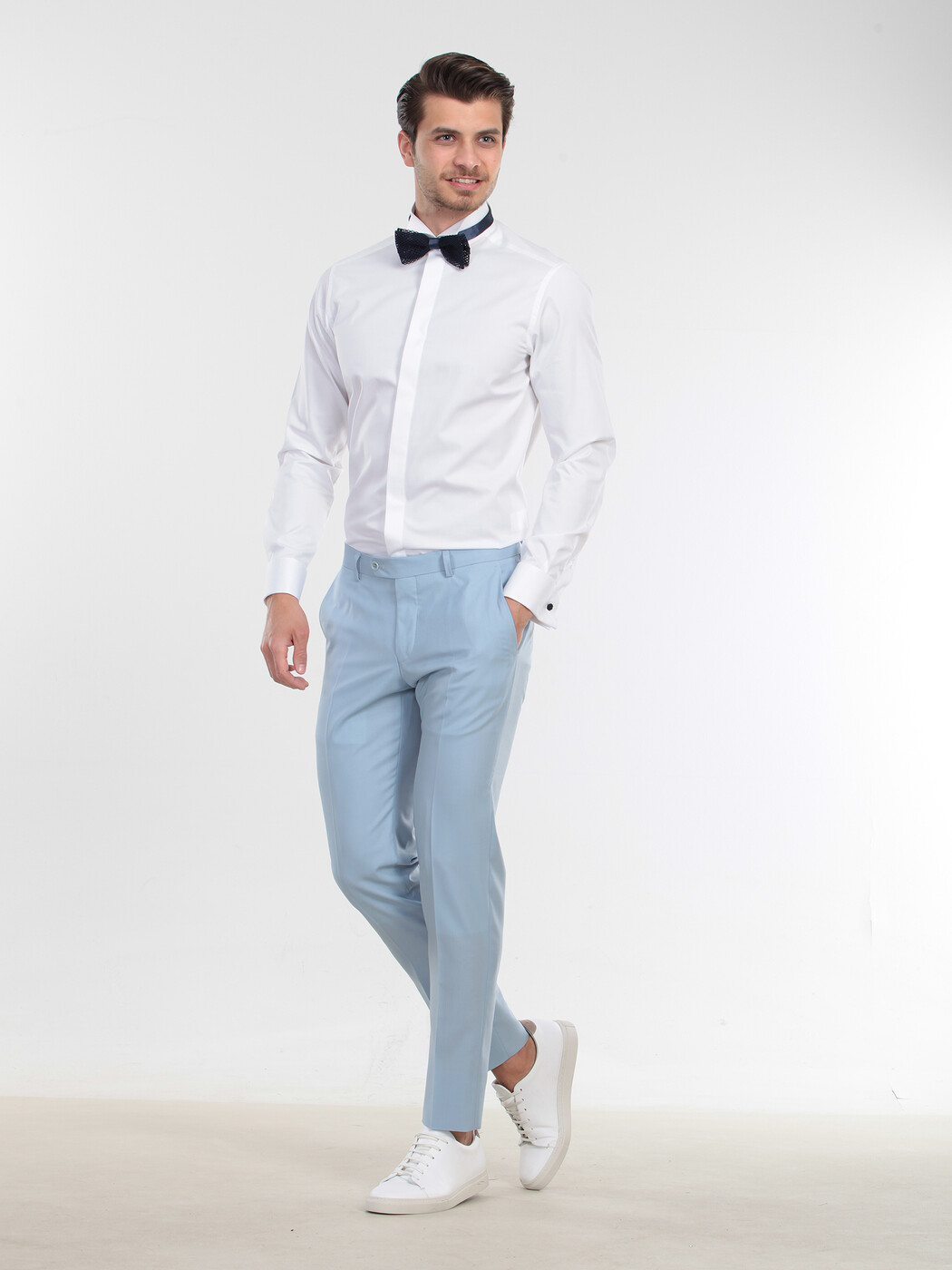 White Plain Slim Fit Double Cuff Wing Collar Tuxedo Shirts - 3