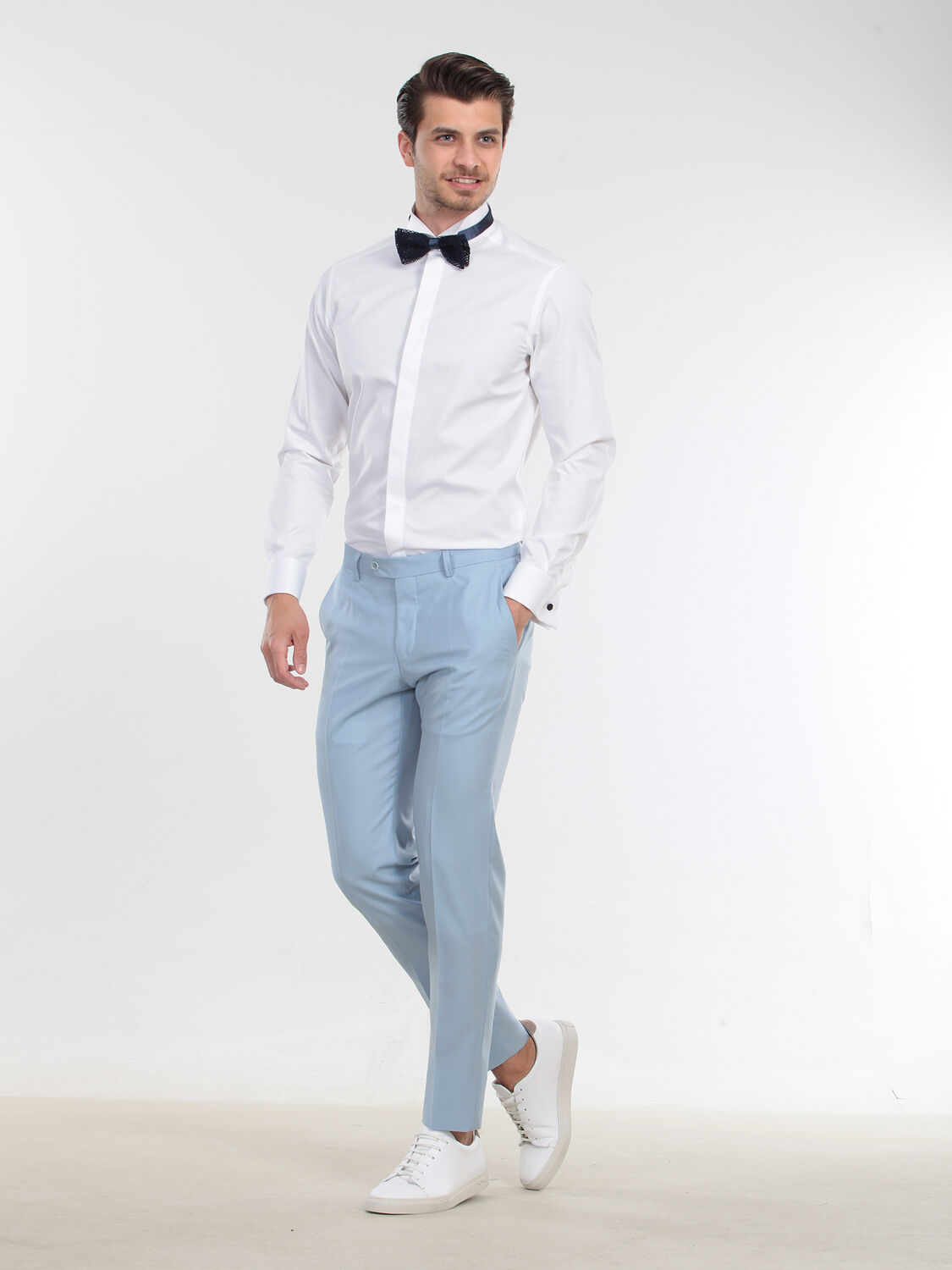 White Plain Slim Fit Double Cuff Wing Collar Tuxedo Shirts - 3