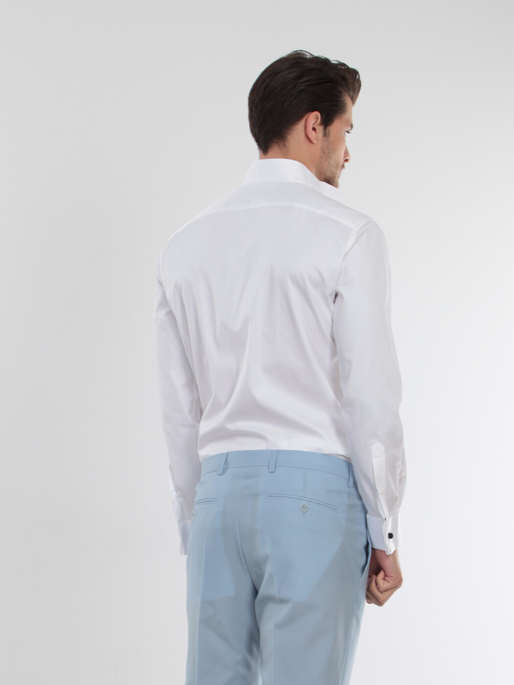 White Plain Slim Fit Double Cuff Wing Collar Tuxedo Shirts - 5