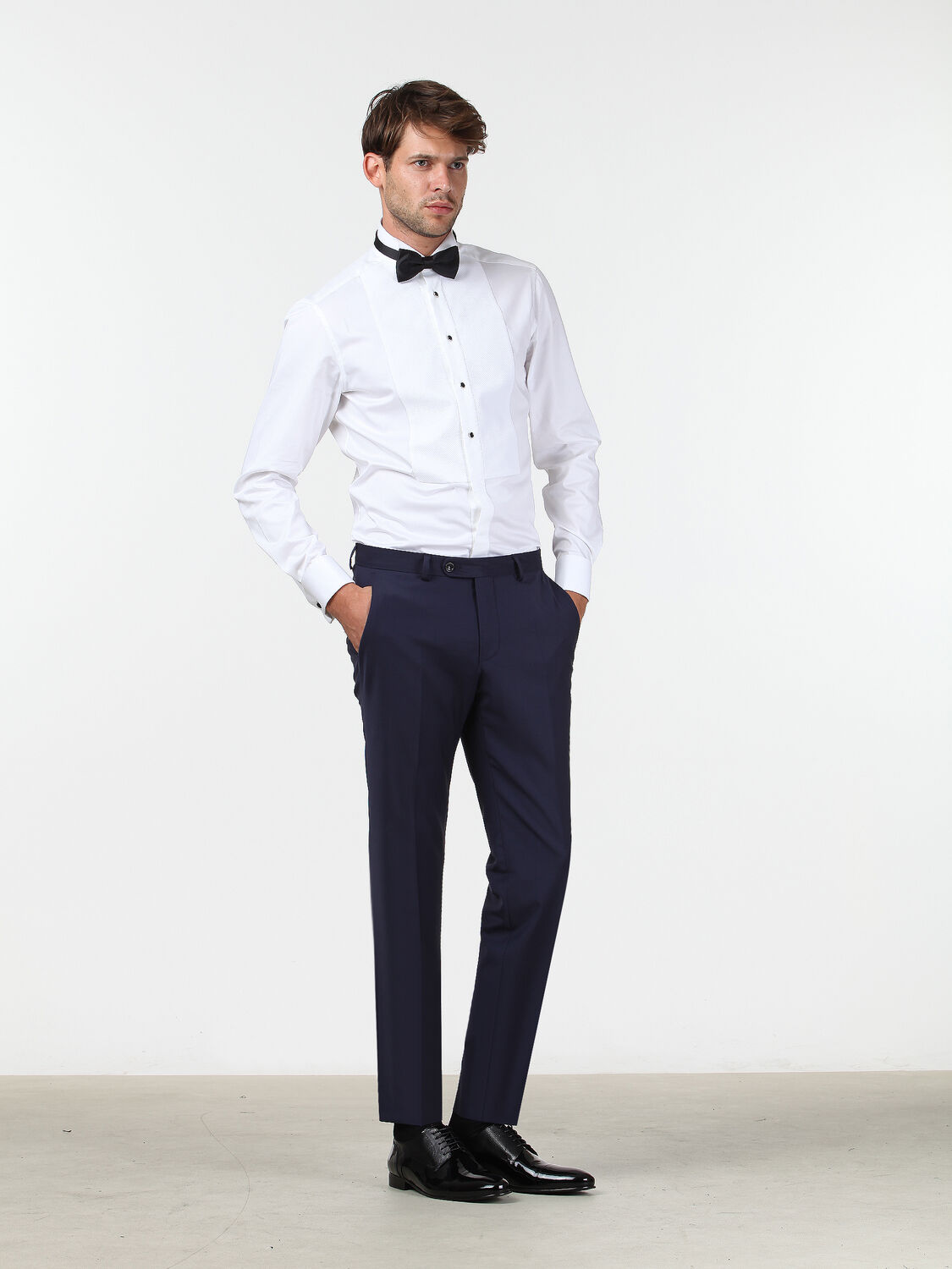 White Plain Slim Fit Double Cuff Wing Collar Tuxedo Shirts - 2