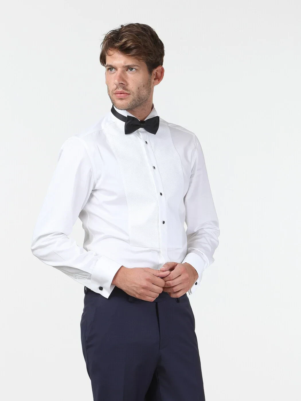 White Plain Slim Fit Double Cuff Wing Collar Tuxedo Shirts - 1