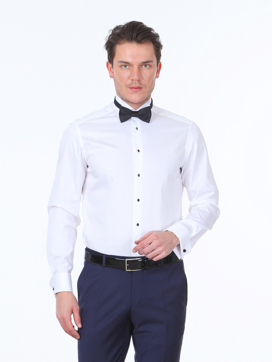 White Plain Slim Fit Double Cuff Wing Collar Tuxedo Shirts - 1