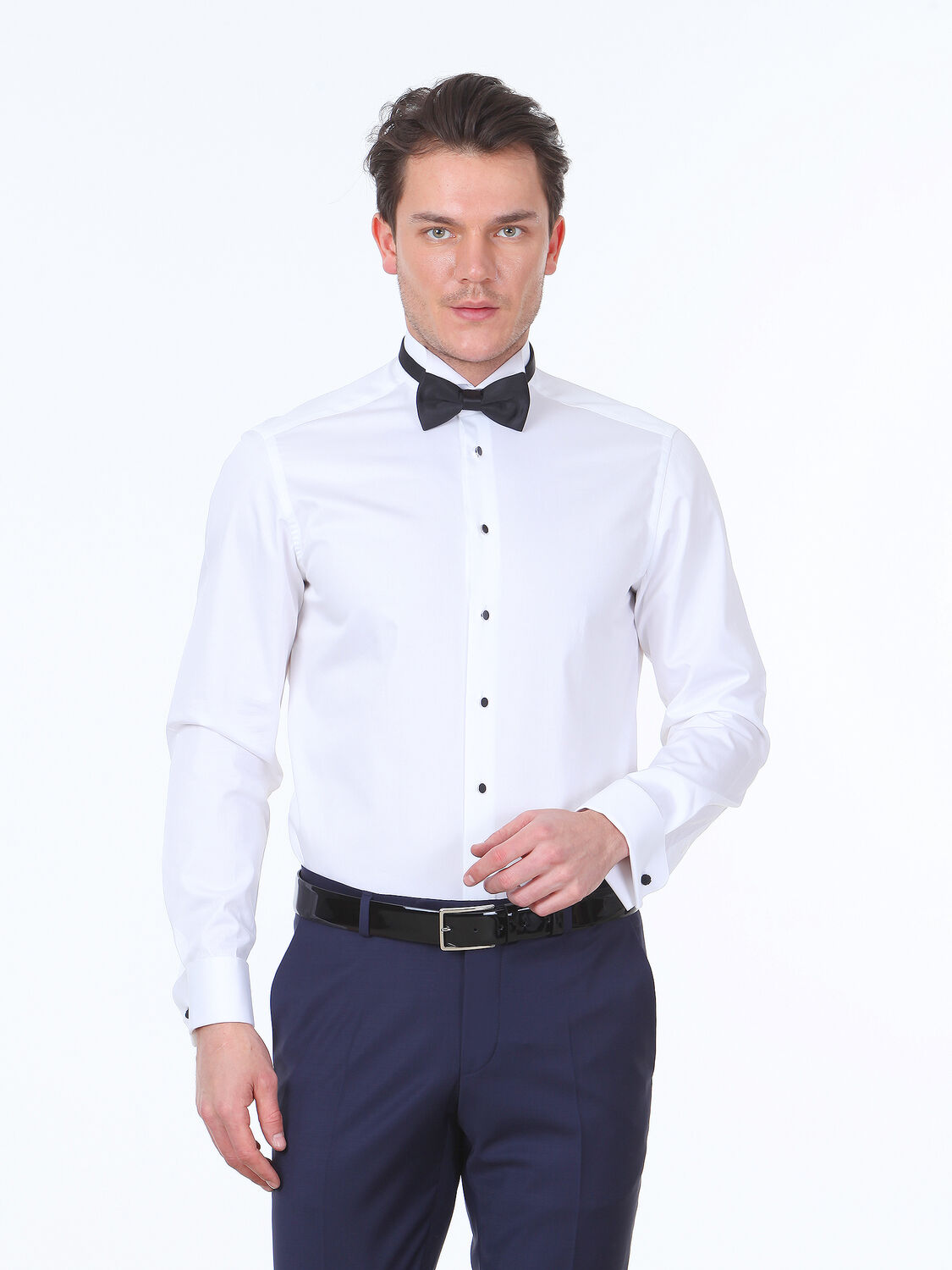 White Plain Slim Fit Double Cuff Wing Collar Tuxedo Shirts - 1