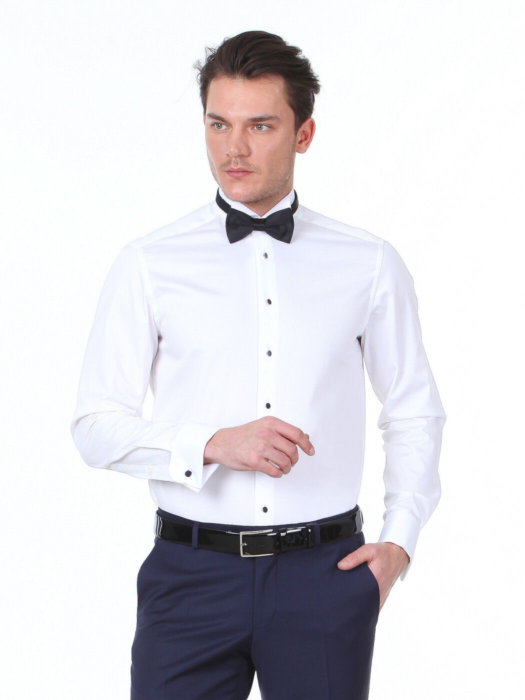 White Plain Slim Fit Double Cuff Wing Collar Tuxedo Shirts - 2