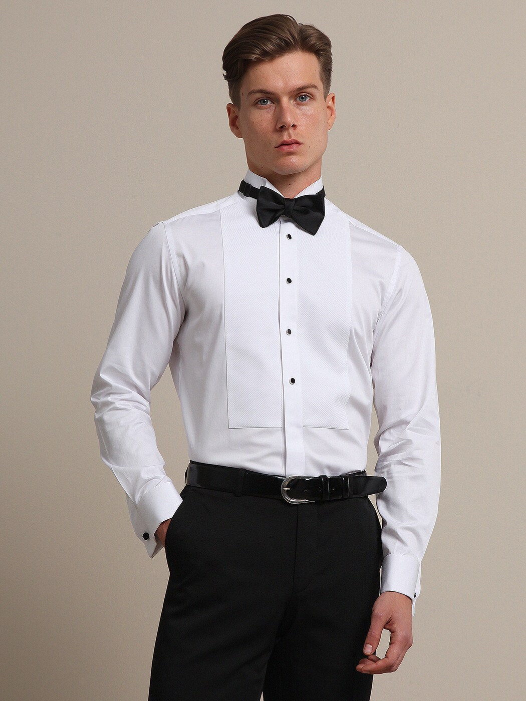 White Plain Slim Fit Double Cuff Wing Collar Tuxedo Shirts - 2