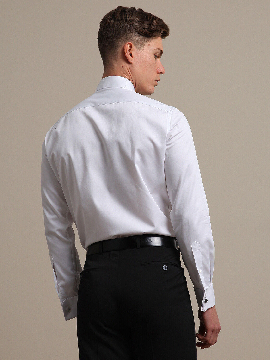 White Plain Slim Fit Double Cuff Wing Collar Tuxedo Shirts - 4