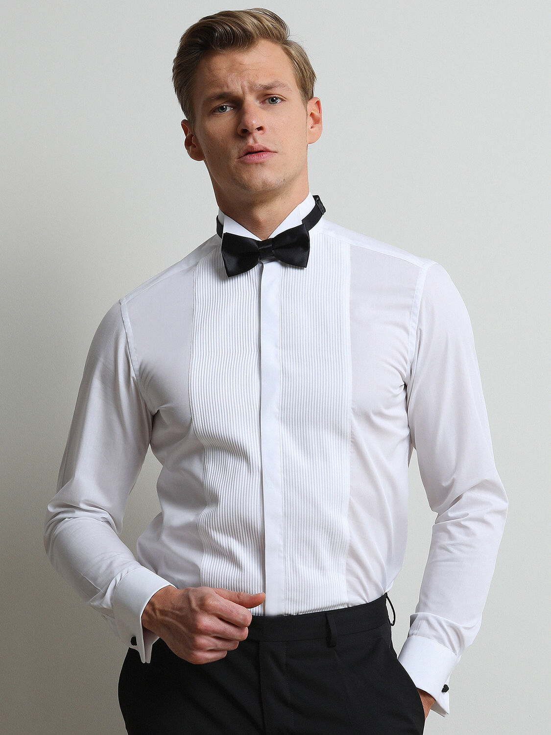 White Plain Slim Fit Double Cuff Wing Collar Tuxedo Shirts - 3
