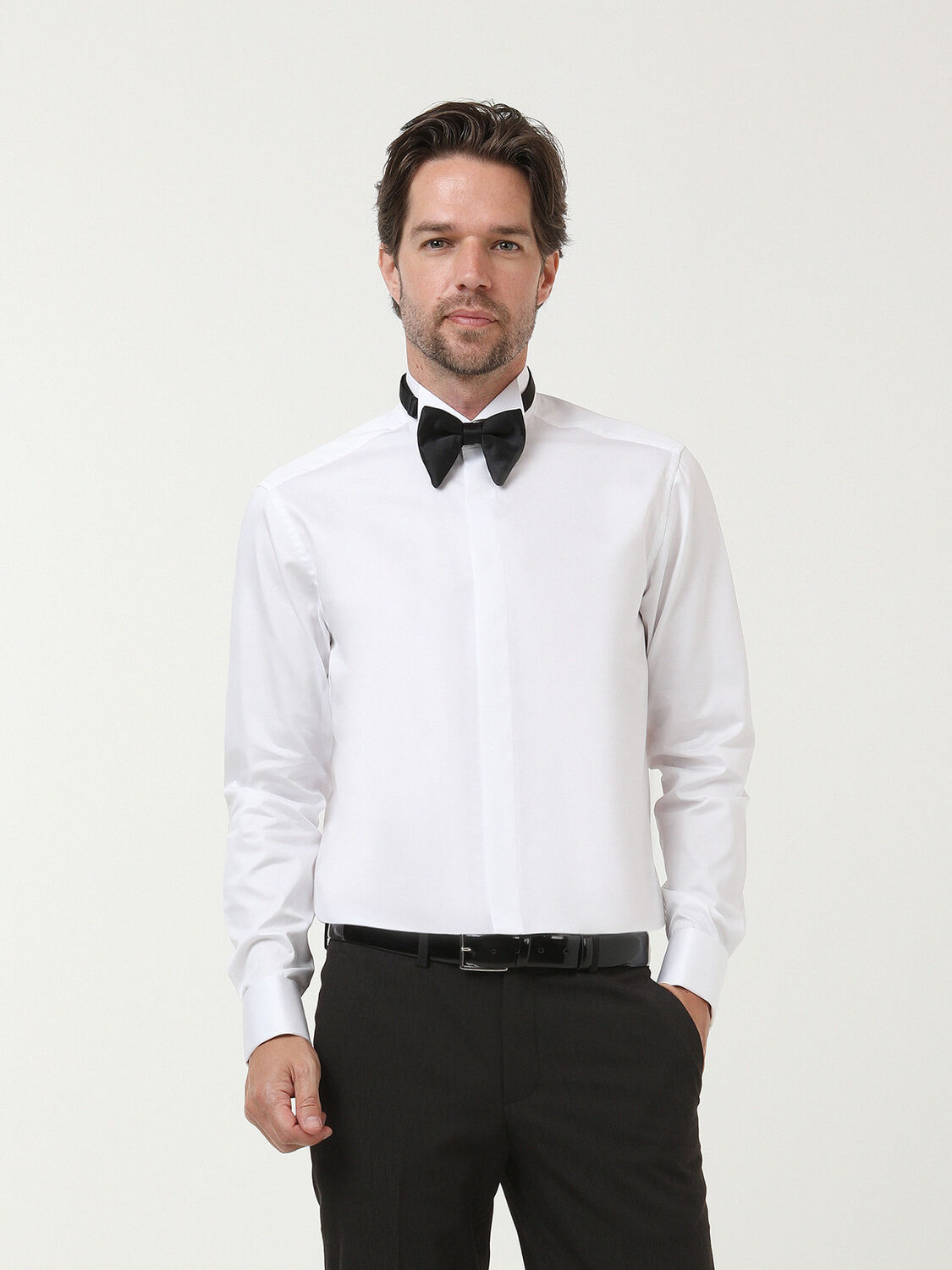 White Plain Slim Fit Double Cuff Wing Collar Tuxedo Shirts - 3
