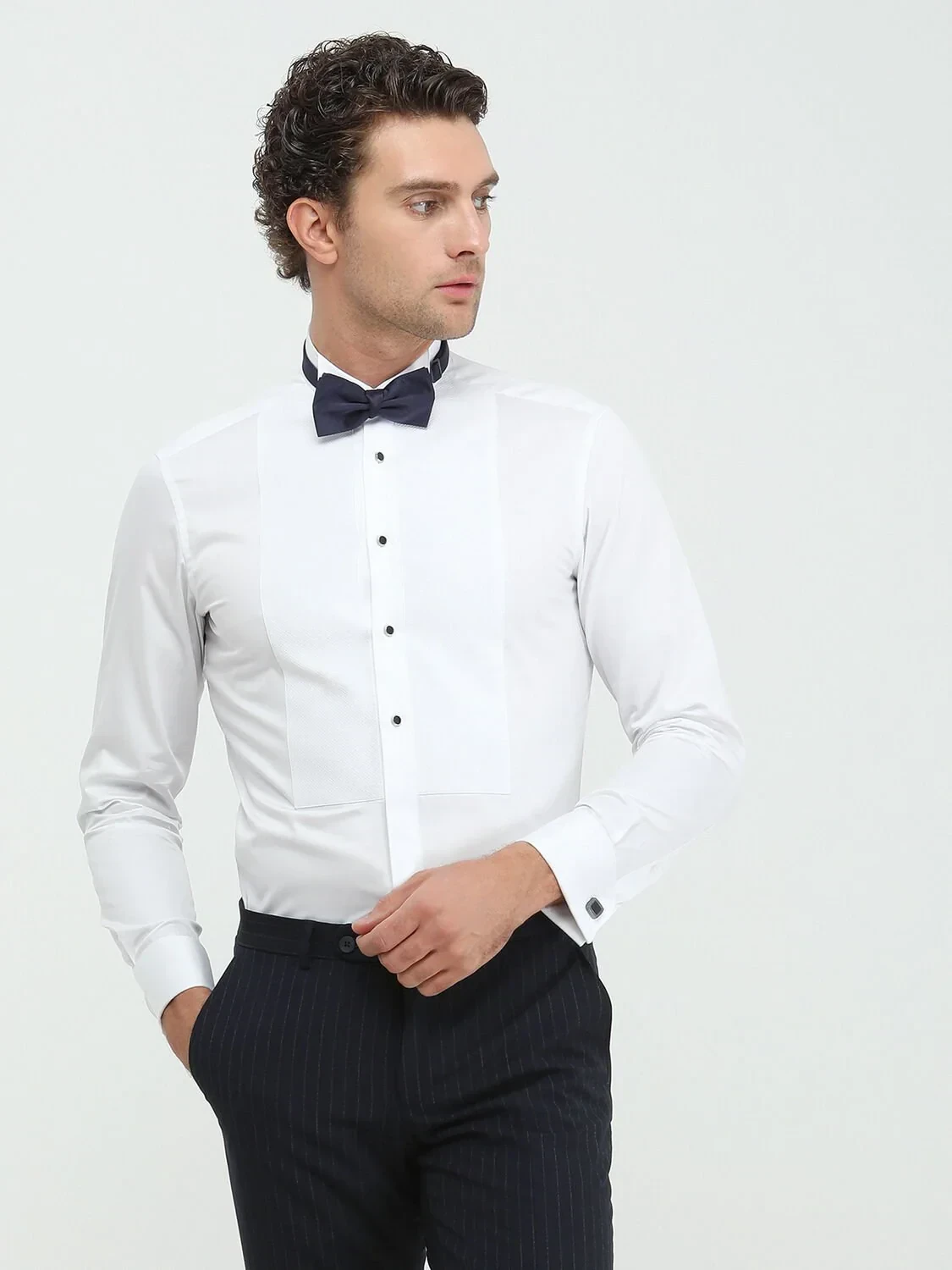 White Plain Slim Fit Double Cuff Wing Collar Tuxedo Shirts - 1