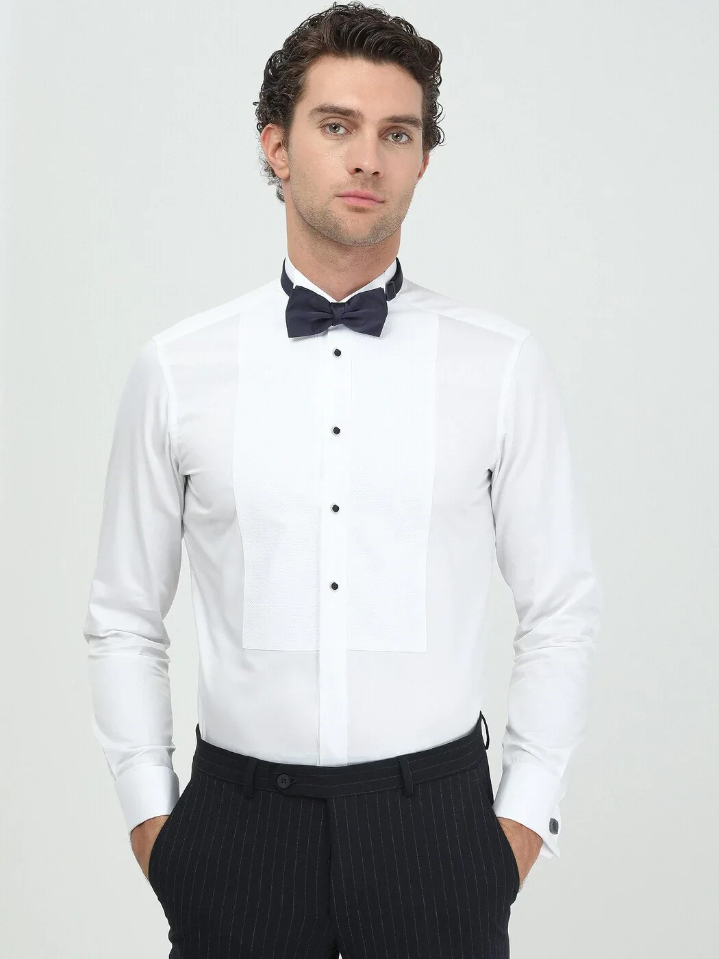 White Plain Slim Fit Double Cuff Wing Collar Tuxedo Shirts - 3