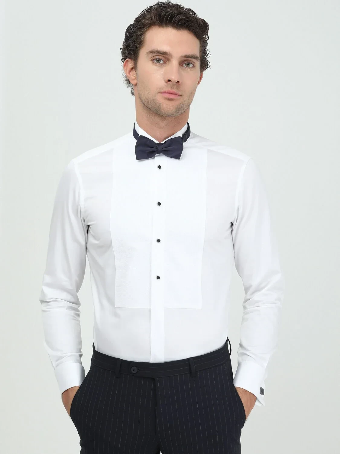 White Plain Slim Fit Double Cuff Wing Collar Tuxedo Shirts - 3