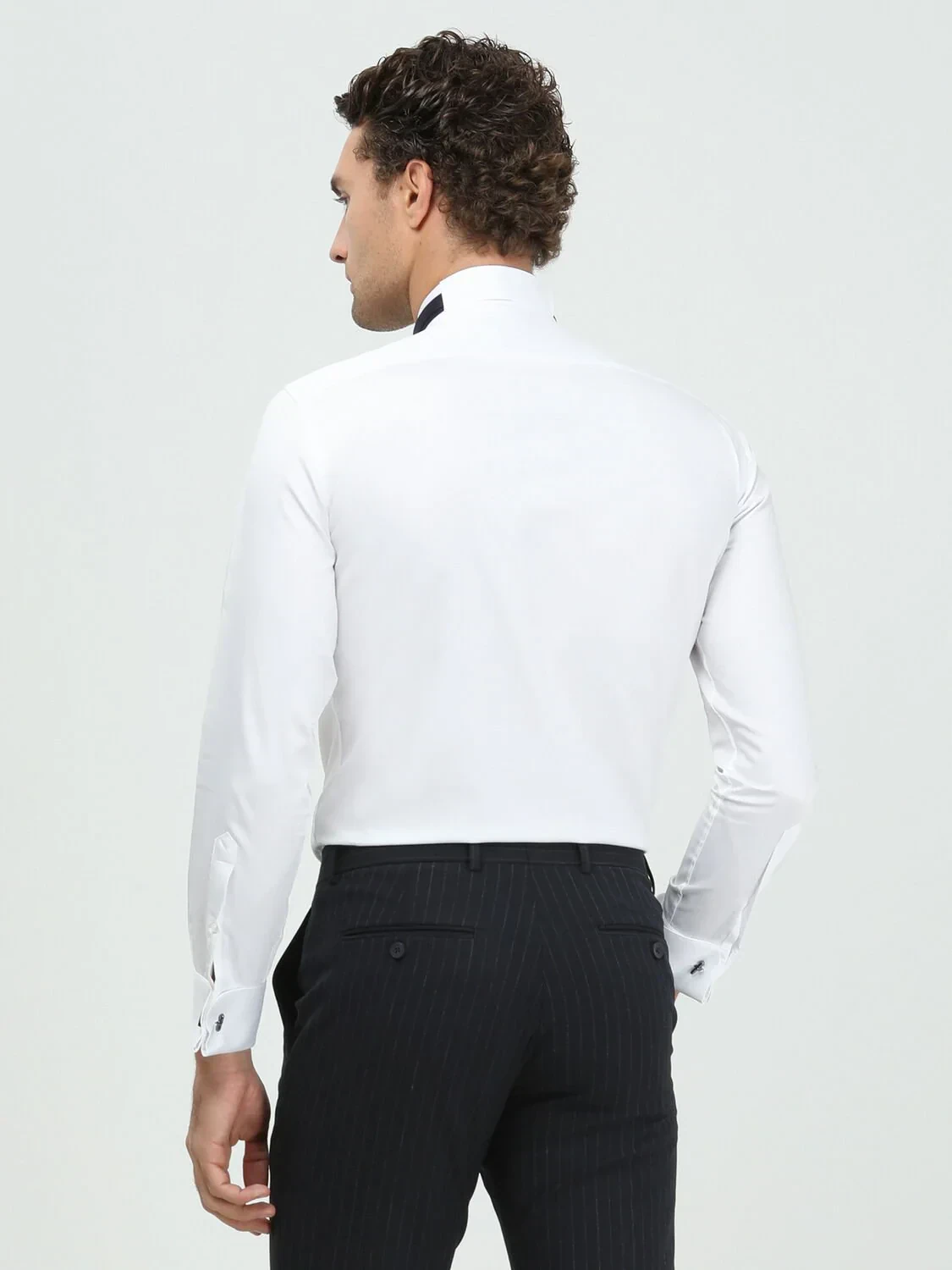 White Plain Slim Fit Double Cuff Wing Collar Tuxedo Shirts - 5