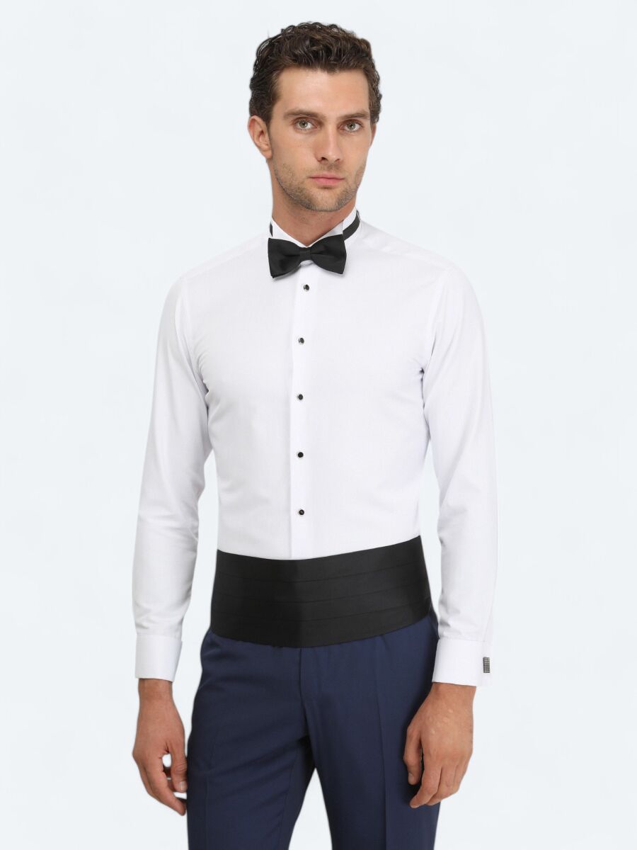 White Plain Slim Fit Double Cuff Wing Collar Tuxedo Shirts - 1