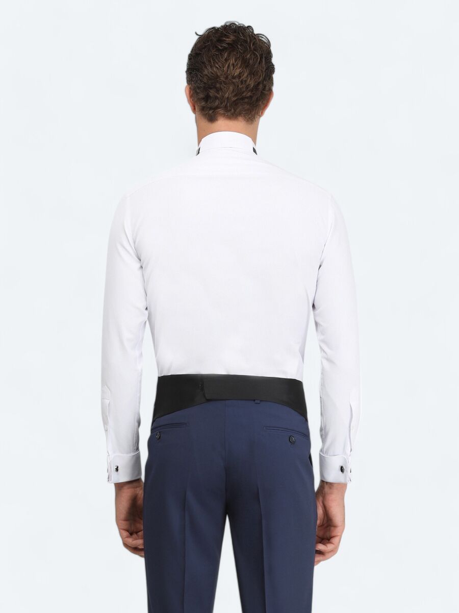White Plain Slim Fit Double Cuff Wing Collar Tuxedo Shirts - 6