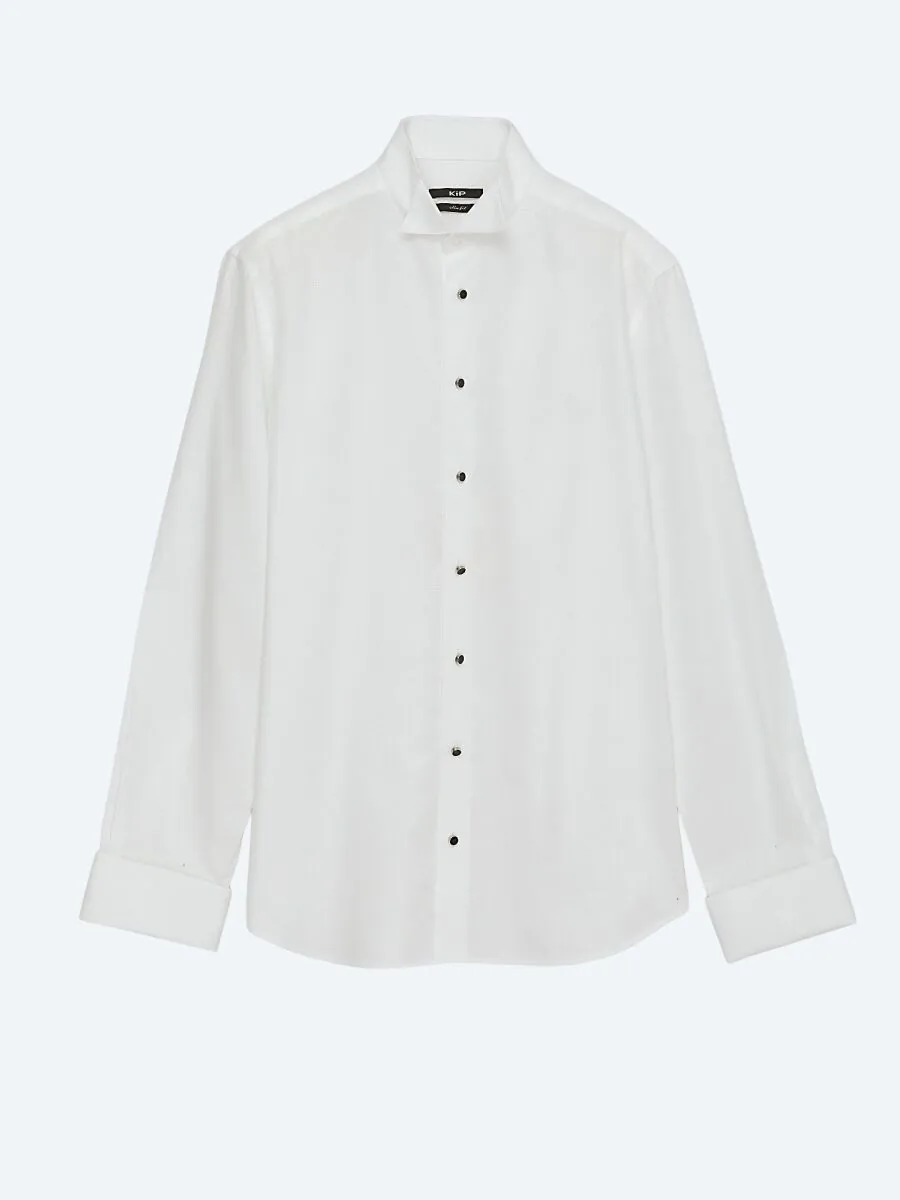 White Plain Slim Fit Double Cuff Wing Collar Tuxedo Shirts - 1