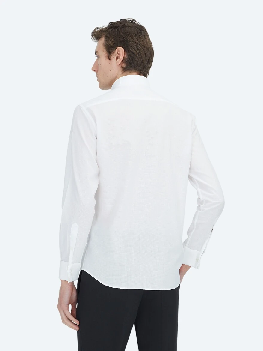 White Plain Slim Fit Double Cuff Wing Collar Tuxedo Shirts - 5