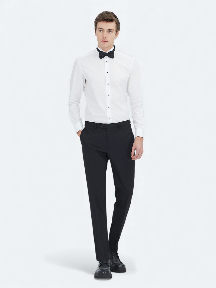 White Plain Slim Fit Double Cuff Wing Collar Tuxedo Shirts - 2