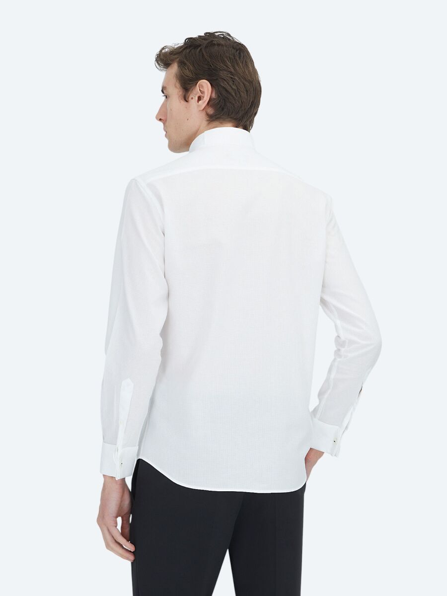 White Plain Slim Fit Double Cuff Wing Collar Tuxedo Shirts - 5