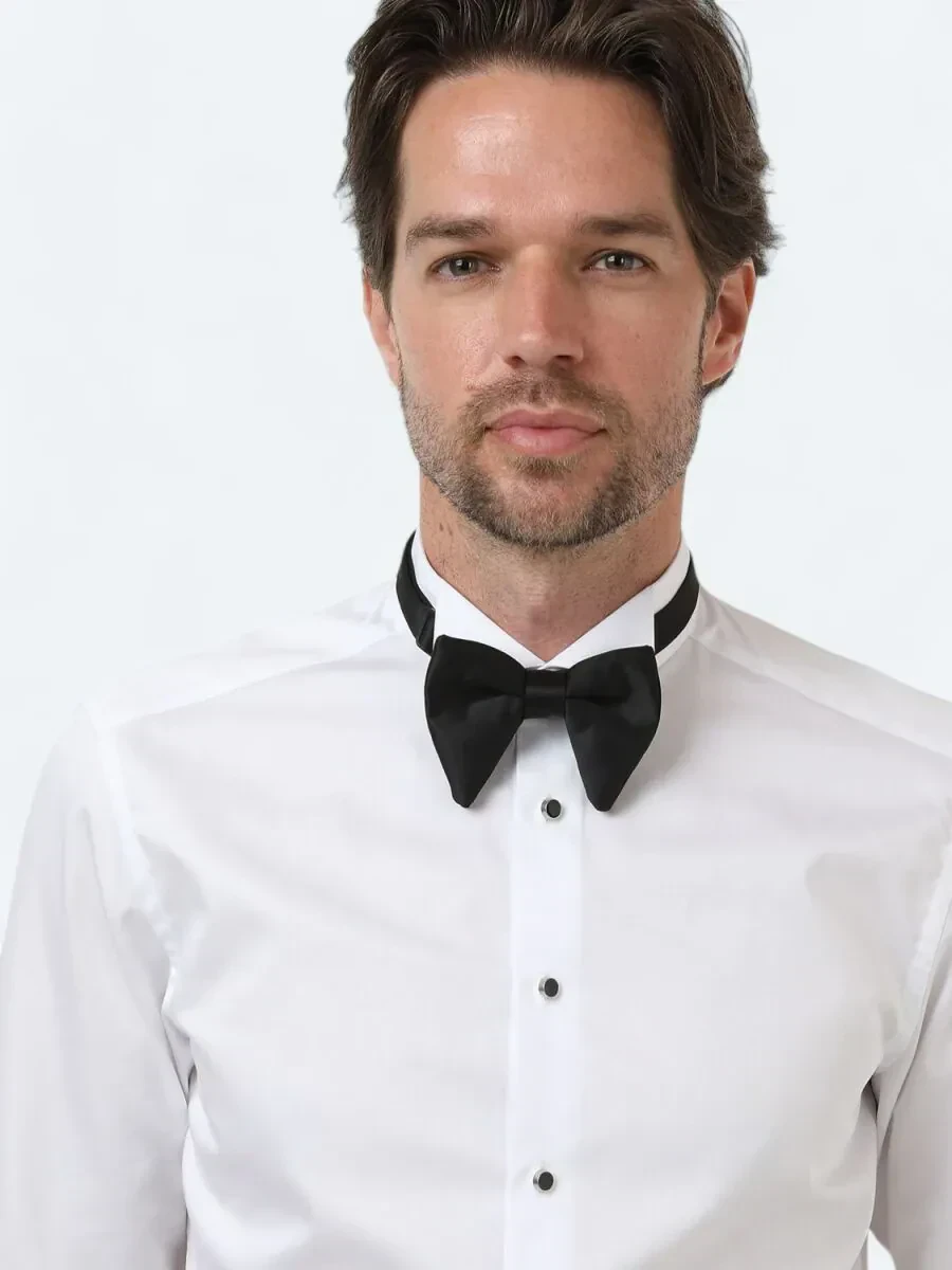 White Plain Slim Fit Double Cuff Wing Collar Tuxedo Shirts - 1