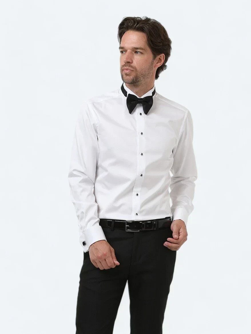 White Plain Slim Fit Double Cuff Wing Collar Tuxedo Shirts - 3