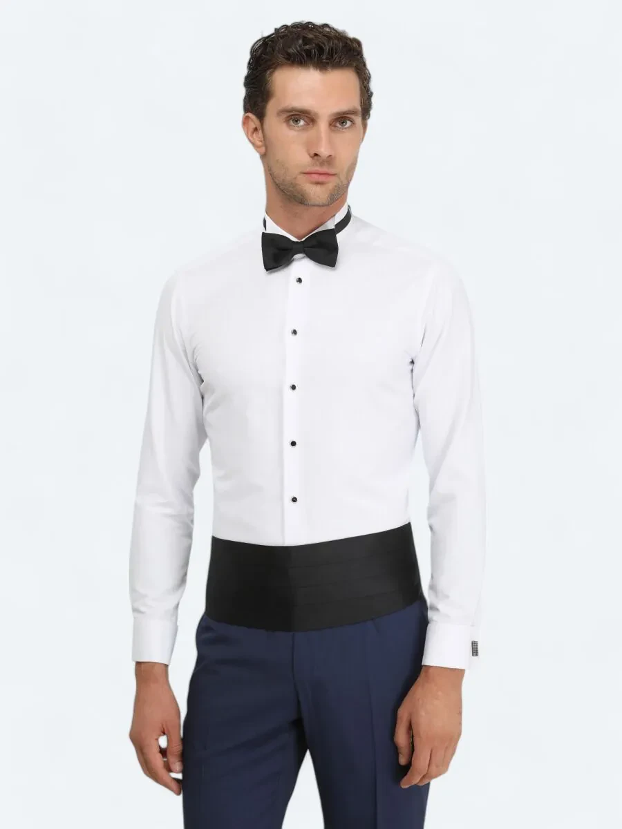 White Plain Slim Fit Double Cuff Wing Collar Tuxedo Shirts - 1