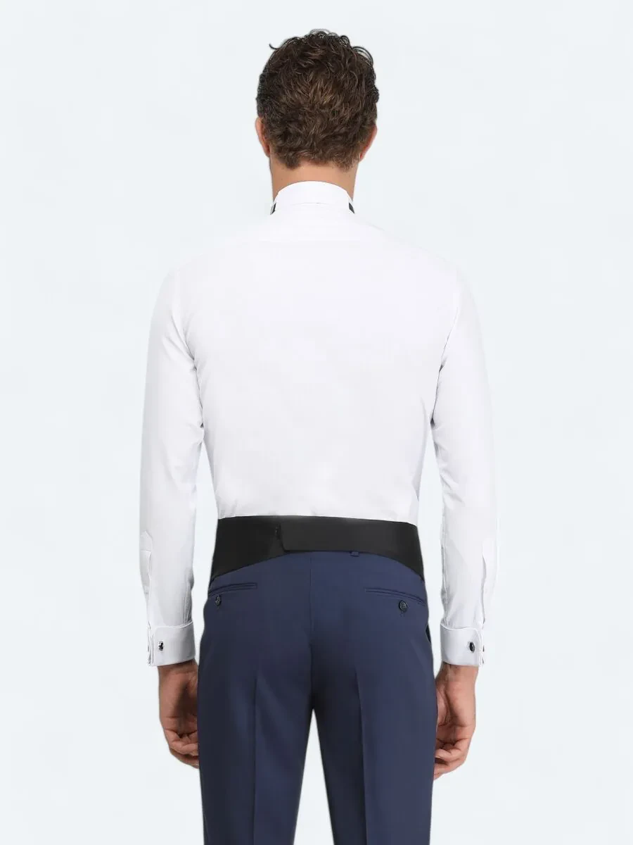 White Plain Slim Fit Double Cuff Wing Collar Tuxedo Shirts - 6