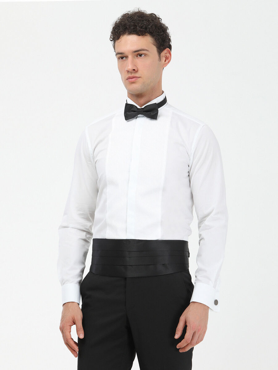 White Plain Slim Fit Double Cuff Wing Collar Tuxedo Shirts - 2