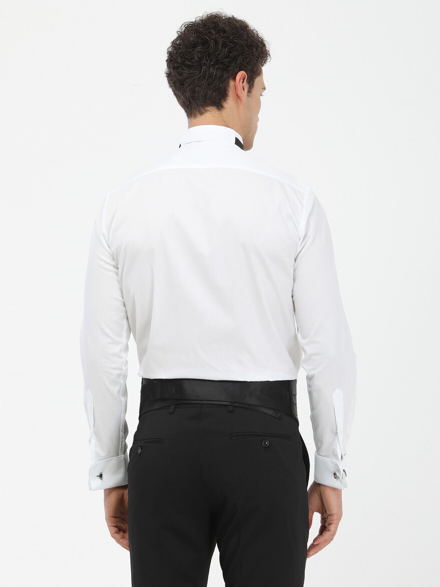 White Plain Slim Fit Double Cuff Wing Collar Tuxedo Shirts - 5
