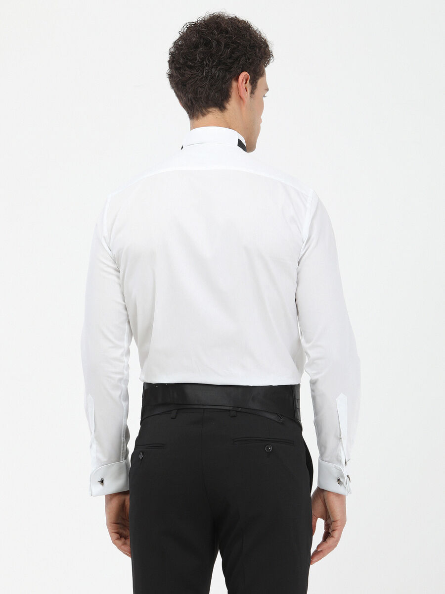 White Plain Slim Fit Double Cuff Wing Collar Tuxedo Shirts - 5