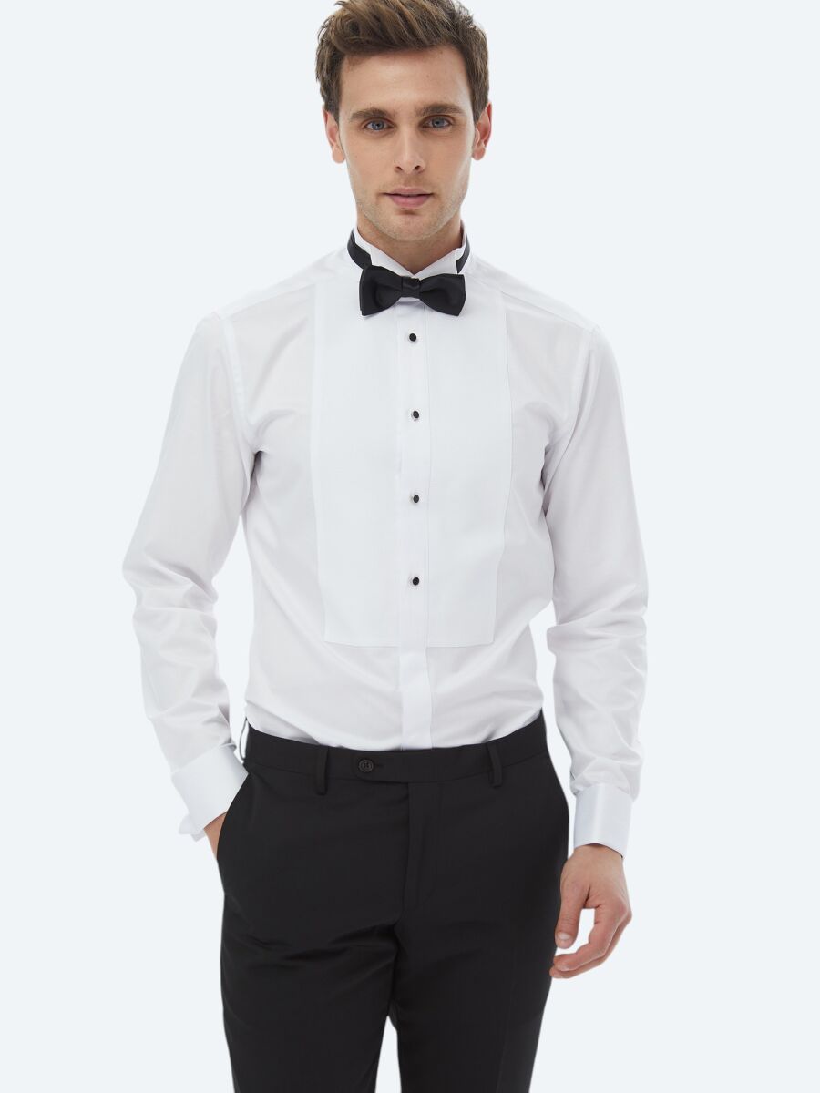 White Plain Slim Fit Double Cuff Wing Collar Tuxedo Shirts - 3