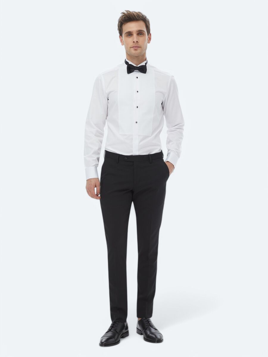 White Plain Slim Fit Double Cuff Wing Collar Tuxedo Shirts - 5