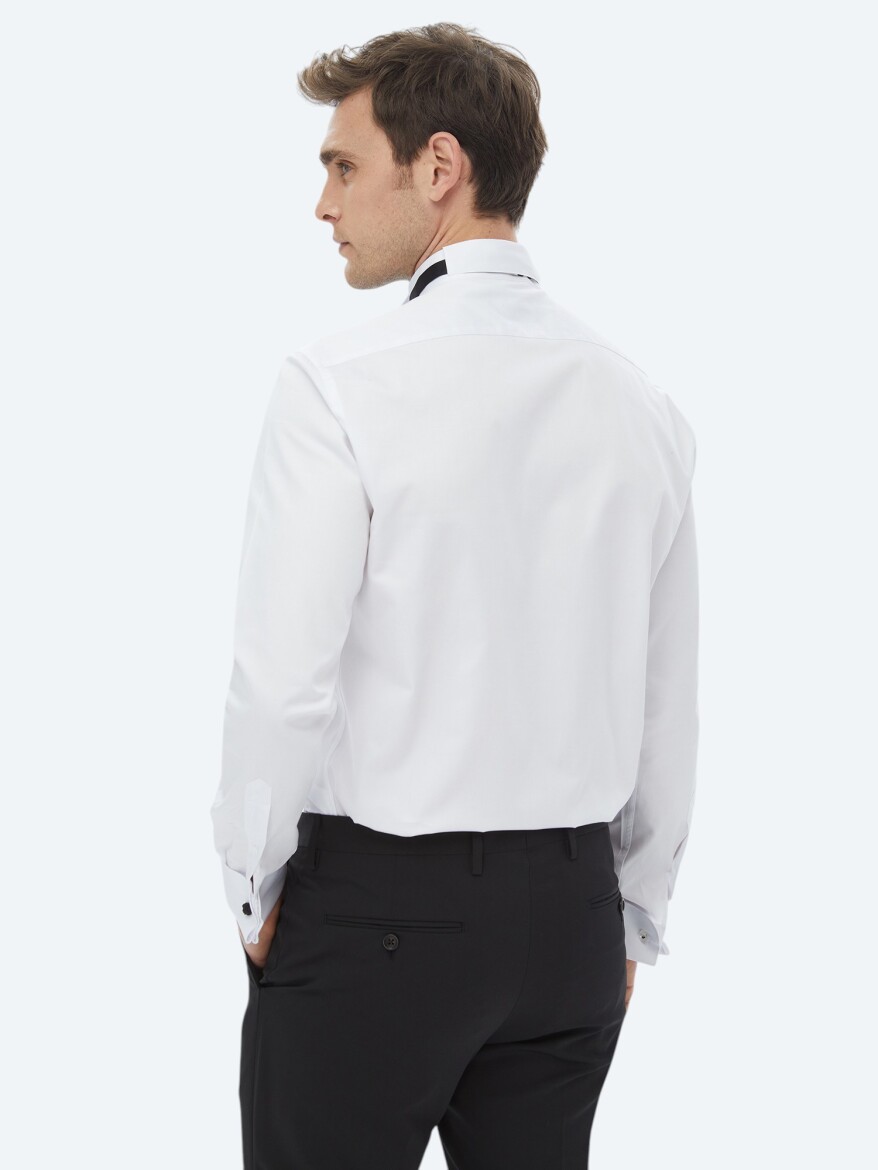 White Plain Slim Fit Double Cuff Wing Collar Tuxedo Shirts - 8