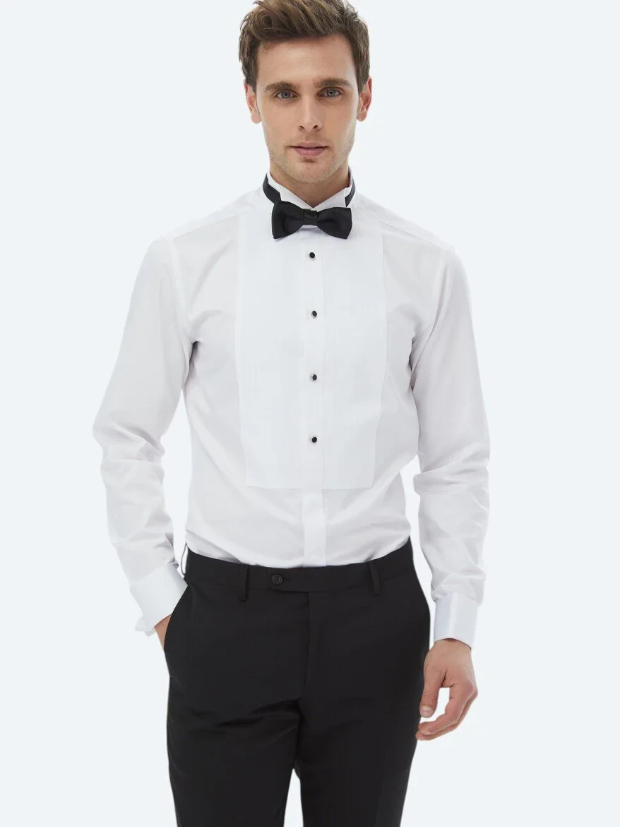 White Plain Slim Fit Double Cuff Wing Collar Tuxedo Shirts - 3