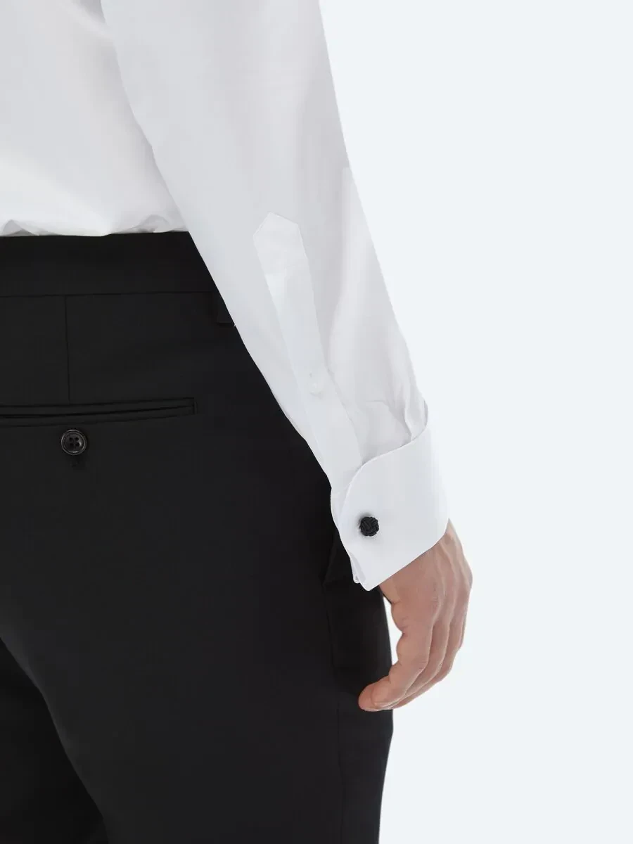 White Plain Slim Fit Double Cuff Wing Collar Tuxedo Shirts - 7