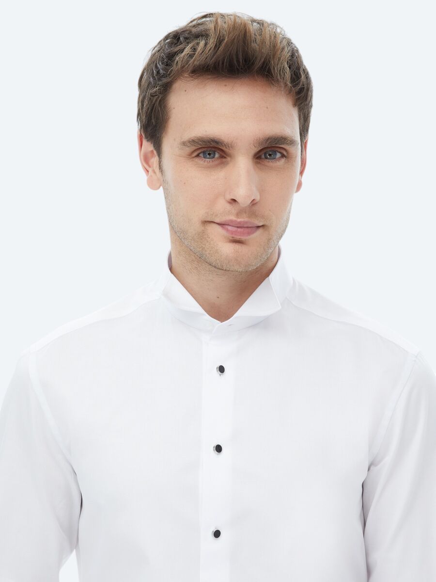 White Plain Slim Fit Double Cuff Wing Collar Tuxedo Shirts - 5