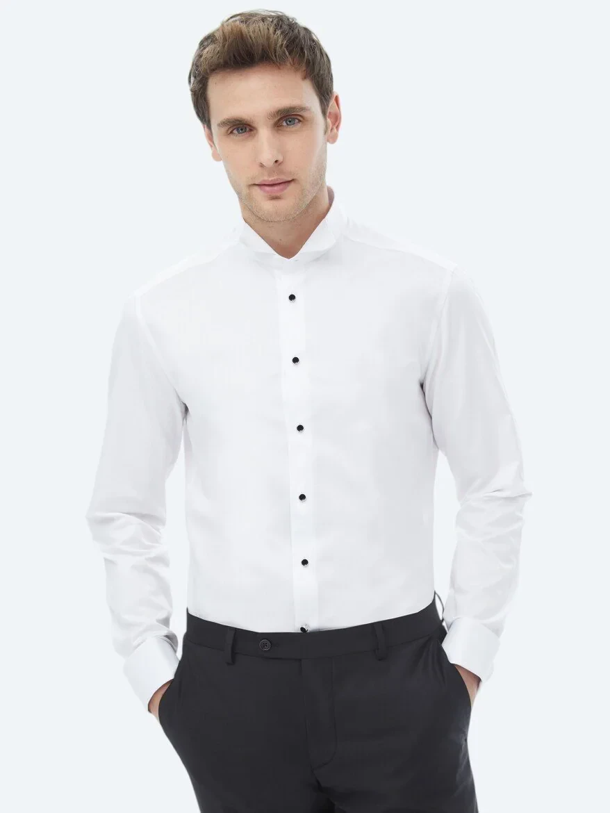White Plain Slim Fit Double Cuff Wing Collar Tuxedo Shirts - 1