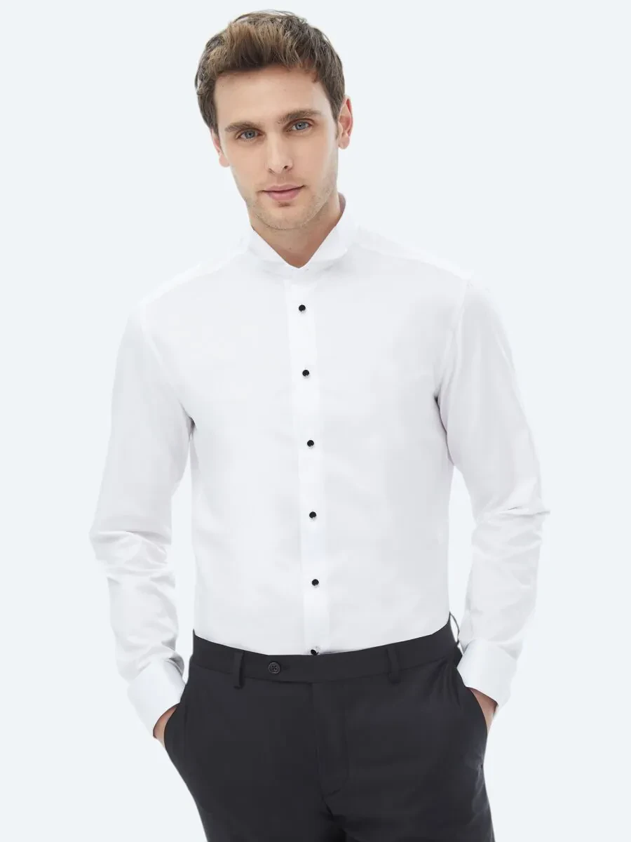 White Plain Slim Fit Double Cuff Wing Collar Tuxedo Shirts - 1