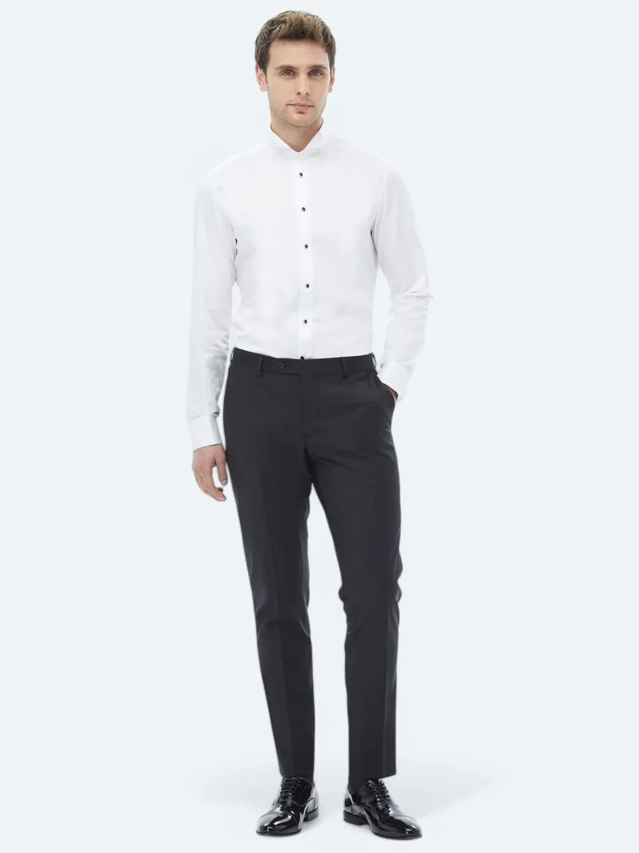 White Plain Slim Fit Double Cuff Wing Collar Tuxedo Shirts - 2