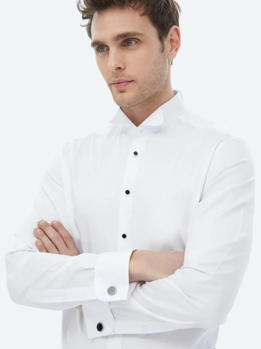 White Plain Slim Fit Double Cuff Wing Collar Tuxedo Shirts - 4