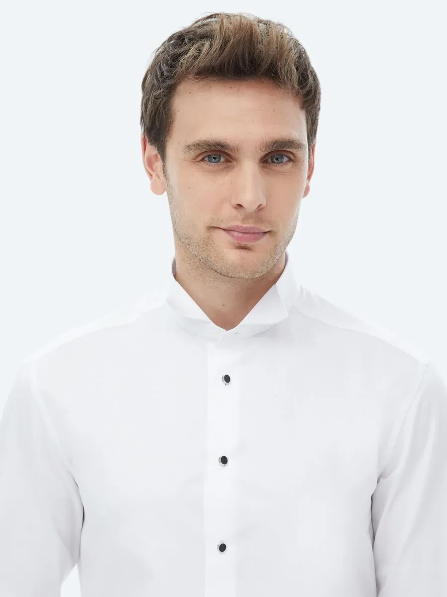 White Plain Slim Fit Double Cuff Wing Collar Tuxedo Shirts - 5