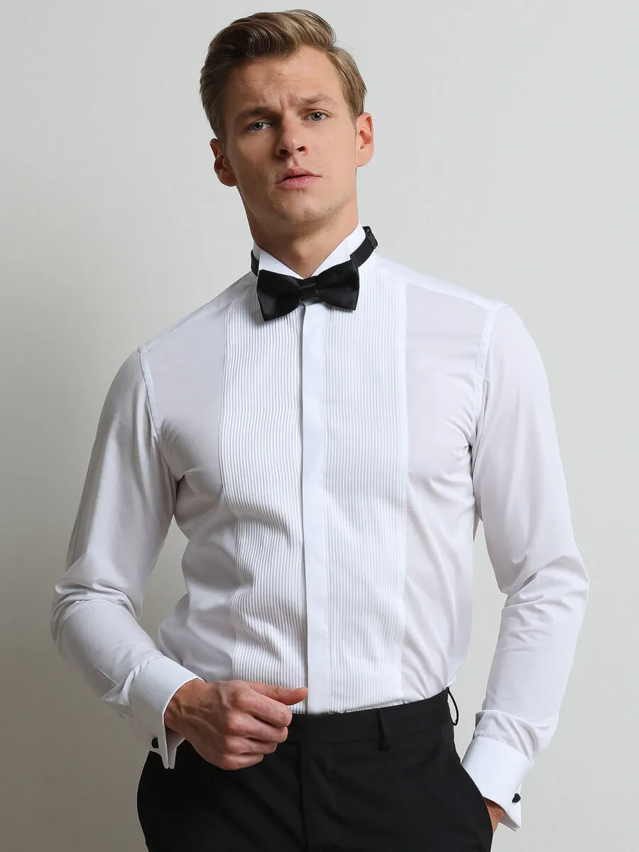 White Plain Slim Fit Double Cuff Wing Collar Tuxedo Shirts - 1
