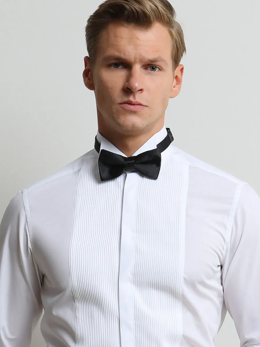 White Plain Slim Fit Double Cuff Wing Collar Tuxedo Shirts - 2