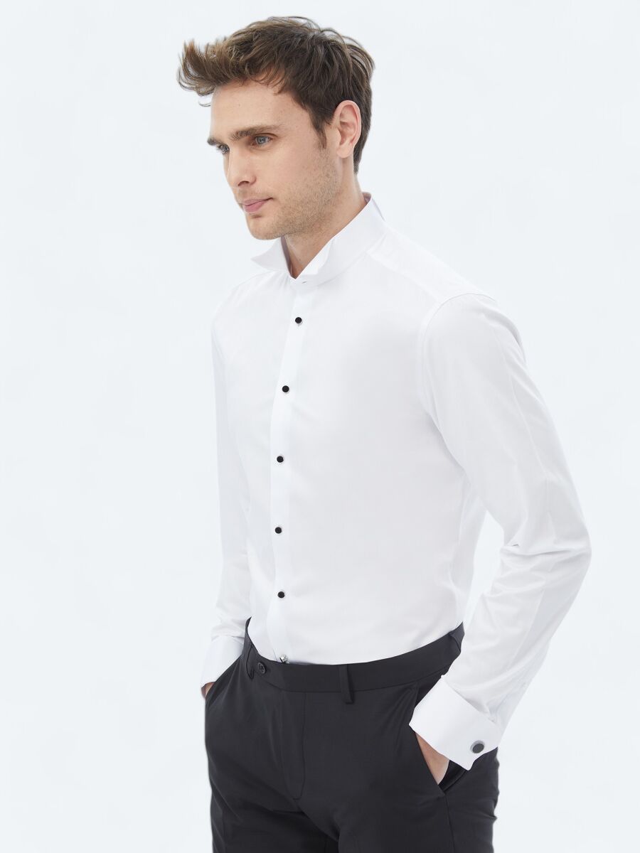 White Plain Slim Fit Double Cuff Wing Collar Tuxedo Shirts - 4