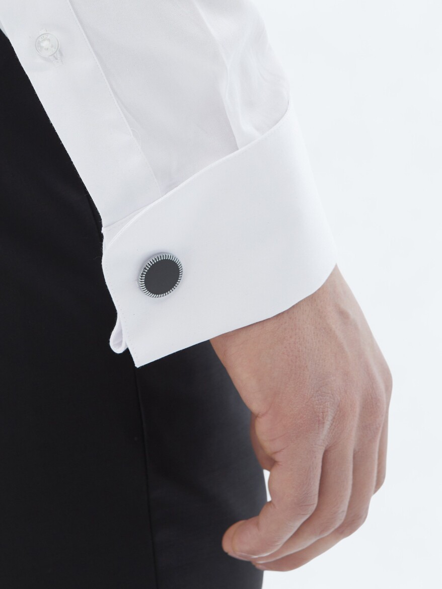 White Plain Slim Fit Double Cuff Wing Collar Tuxedo Shirts - 6